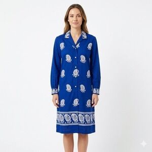 Vtg Alfred Shaheen Dress 60s Blue Paisley Shift Shirt Dress Border Print Med